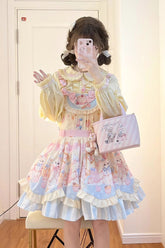 Robe Jsk Lolita douce avec imprimé de lapin chat multicolore à plusieurs couches et nœud papillon
